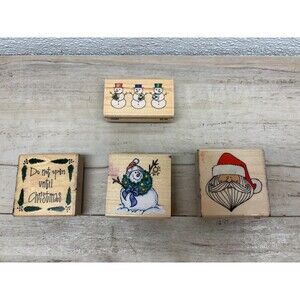 Set Of 4 Christmas Wood Mounted Rubber Stamps